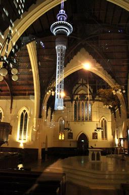 Bertie Plaatsman; Sky Tower in St. Patrick's Cathedral; Friday night 30 July in Auckland Central I saw the Sky Tower reflected in the entrance windows of St. Patrick's Cathedral Auckland.